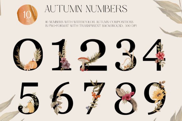 Download Autumn Numbers with Watercolor Plants - Watercolor plants Collection