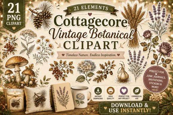 Download Cottagecore Vintage Botanical Clipart - Cottagecore Collection